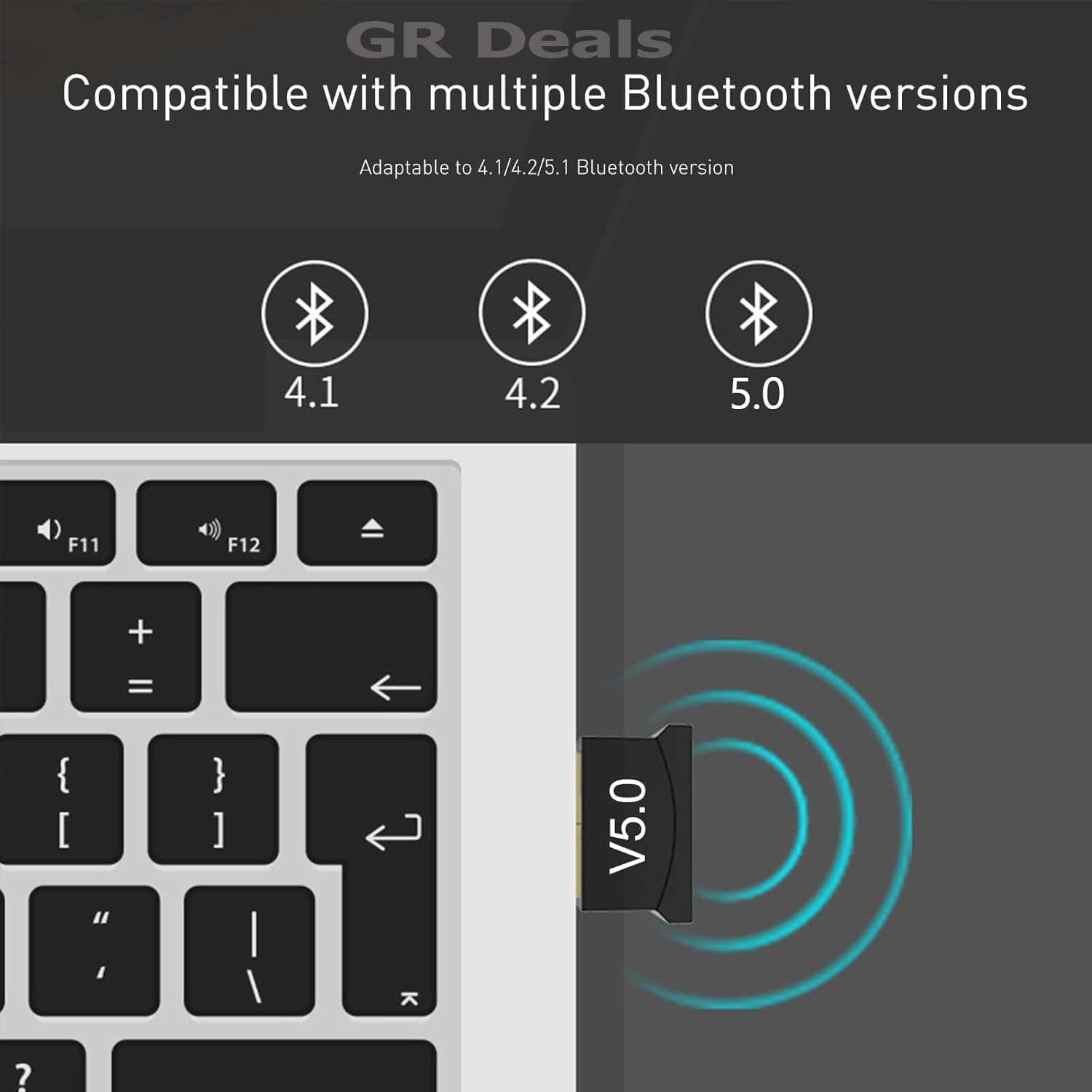 GR Deals USB Bluetooth Adapter for PC, 5.0 Bluetooth Dongle Receiver, Supports Windows 11/10/8.1/7 for Desktop, Laptop, Mouse, Keyboard, Printers, Headsets, Speakers, Gaming Controllers. (Black). 5