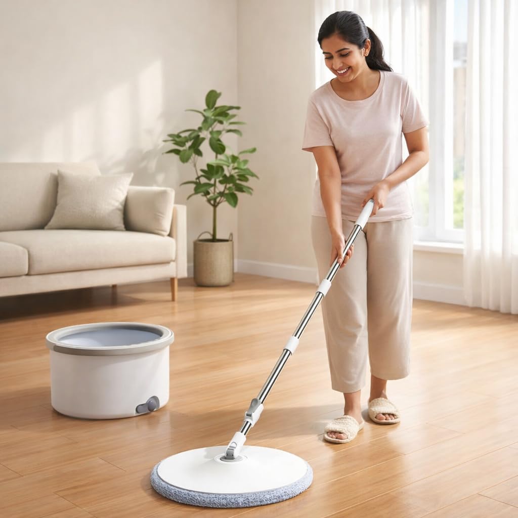 Mevigo Spin Mop with Bucket Deluxe System for Floor Cleaning - 360° Flexible Mop with Self Separation System with 2 Pcs Reusable Microfiber Pad Home, Kitchen, Bathroom & Office -White 3