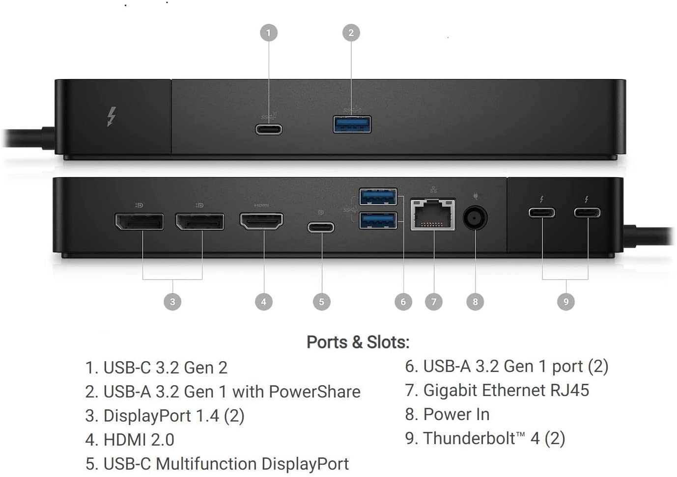 Dell Thunderbolt Dock WD22TB4, 9 Various of Ports, Video Resolution: 5K - 60 Hz (Single Display), 4K - 60 Hz (Quad Display), Interfaces: 2 x Thunderbolt 4 6