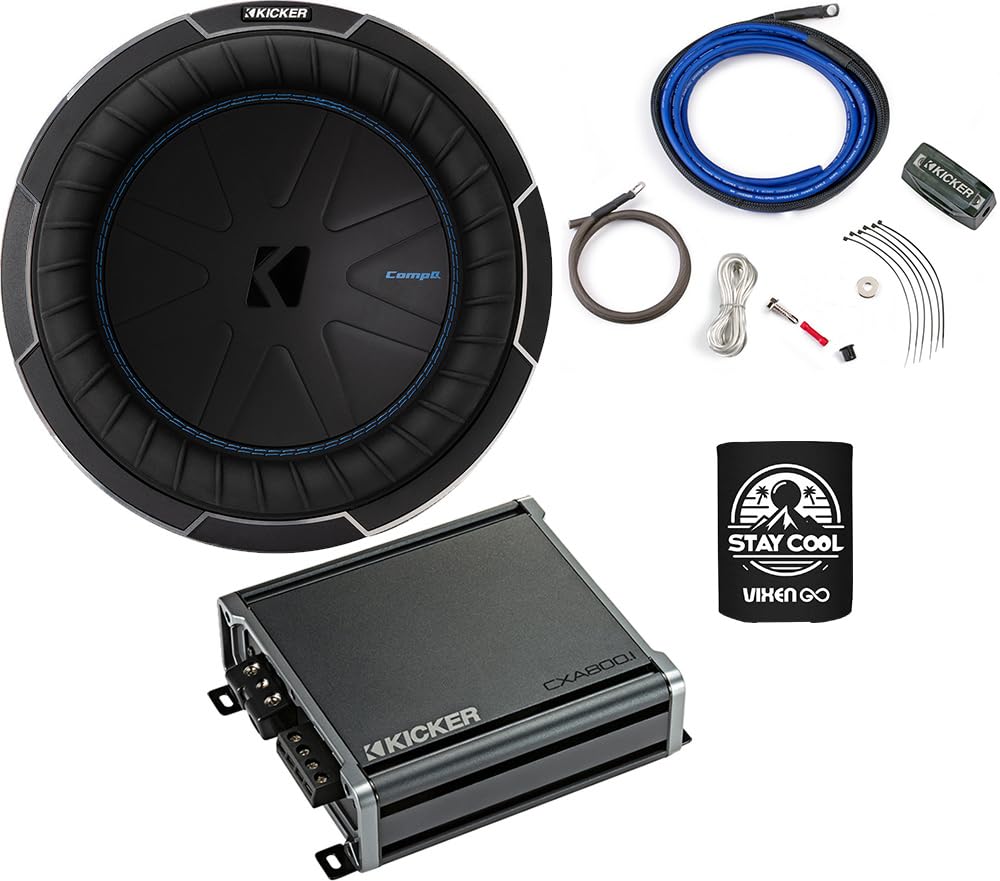 KICKER Subwoofer and Amp Package of 3 Items - 10" CompQ 1600 Watt Sub, Class D Monoblock Amplifier, and Power 4AWG Wiring Kit 51CWQ102+46CXA800.1T+46PK4