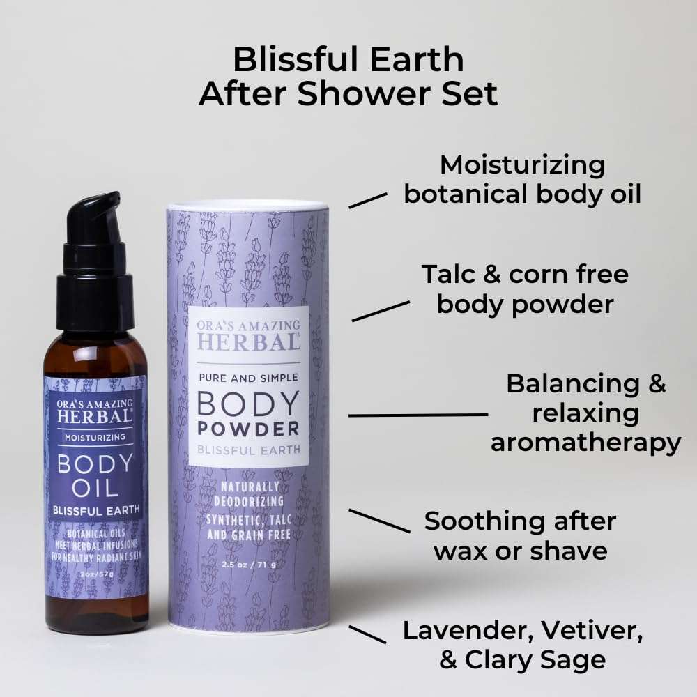 Talc Free Powder and Body Oil, Lavender Bath Set, After Shower Set, Blissful Earth Scent With Lavender Vetiver and Clary Sage, Intertrigo, Natural Skin Care, Ora's Amazing Herbal 3