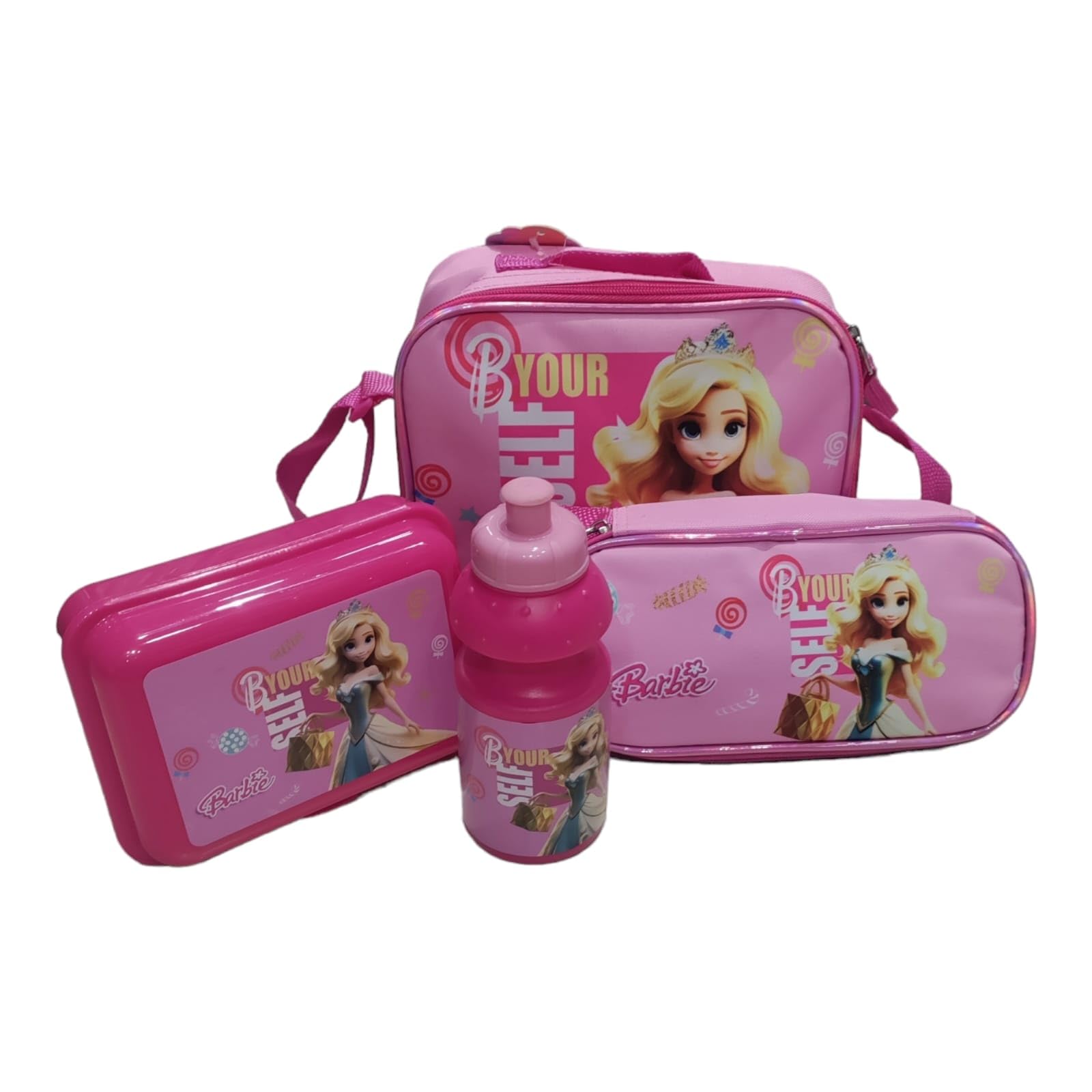 MT HUB 5 in 1 School Set Combo School Backpack, Lunch Bag, Pencil Case, Lunch Box & Waterbottle for Kids 1st to 5th Class Students (Set of 1) (BARBIE) 4