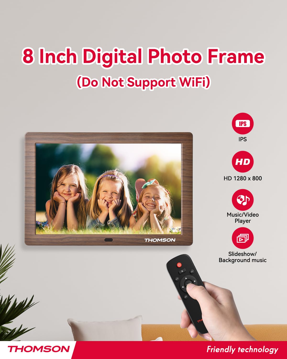 THOMSON 8" Digital Picture Frame, 1280 * 800 IPS Full View Ultra Clear Screen with Remote Control, Wooden Frame, Share Videos Photos Send Wishes Auto-Rotate Slideshow Non-WiFi (8 Inch Non-WiFi) 4