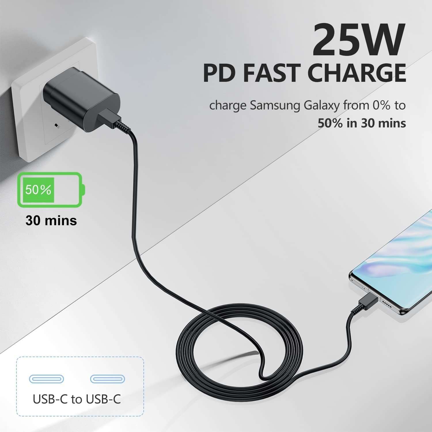 1 Pack-for Samsung Galaxy S23 S22, S21, Note 20 Fast Charging Type C,25w USB C Super Fast Charger Type C Wall Charger Block Android Phone Cable for Samsung Galaxy S20 Plus Ultra 6ft Black 3