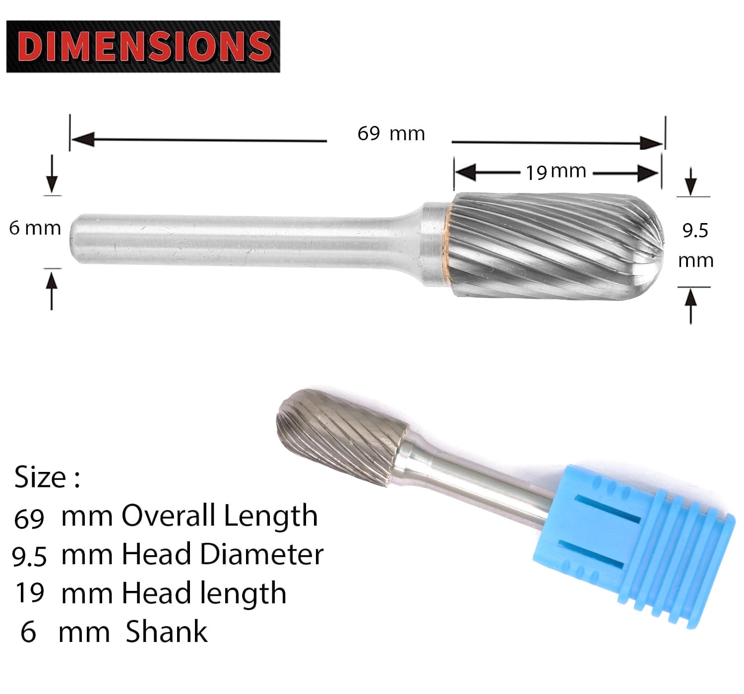 MECRAAF® Super Grade Carbide Rotary Burr Cutter|Single Cut| 6mm Shank (1/4") | Head Dia: 9.5mm|Die Grinder Bit|Cylindrical with radius end|for Metal Wood Carving Engraving Polishing Drilling (B3) 3