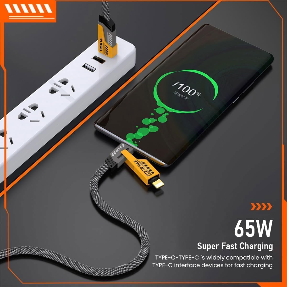 AlakhDM 4-In-1 Multifunctional 65W Fast Charging Cable With Metal Zinc Alloy Head, Tangle Free Flat Cable, USB A, Type C to C/Lighteni-ng, Fast Data SynC, Compatible with All SmartPhone 6