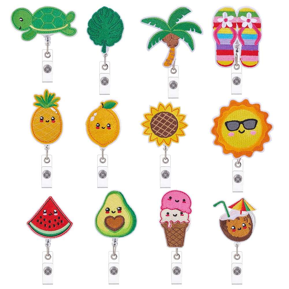WEBEEDY 12 Styles Summer Beach Badge Reels Retractable Felt Nurse ID Badge Holder Cute Palm Tree Pineapple Watermelon Fruit Animals Name Holder with Clip for Teacher Doctor Office Holiday Decor Gift 1
