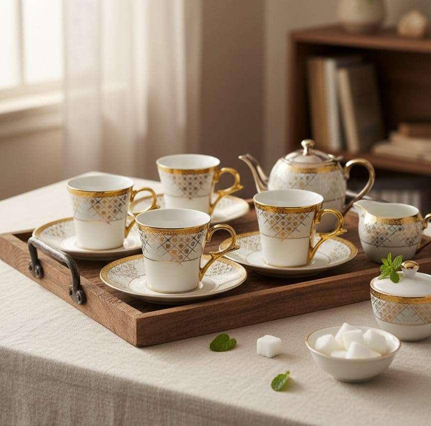 Femora Premium Golden Rajasthani Mandana Design Ceramic Coffee & Tea Cup Set of 4, 160 ML 1