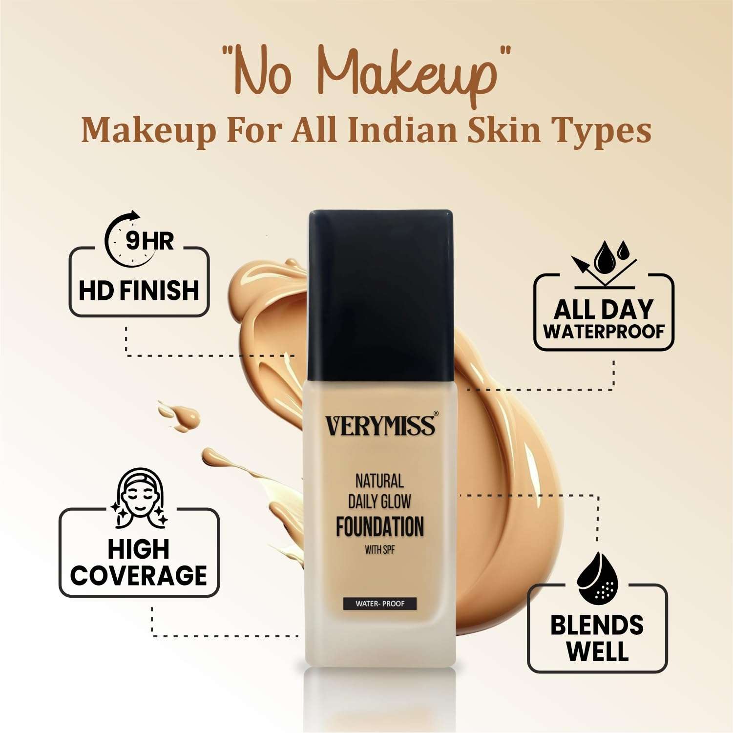 Verymiss Waterproof Foundation & Primer Combo | Natural Finish, Long-Lasting & Lightweight | Pore Blurring + High Coverage Base 4