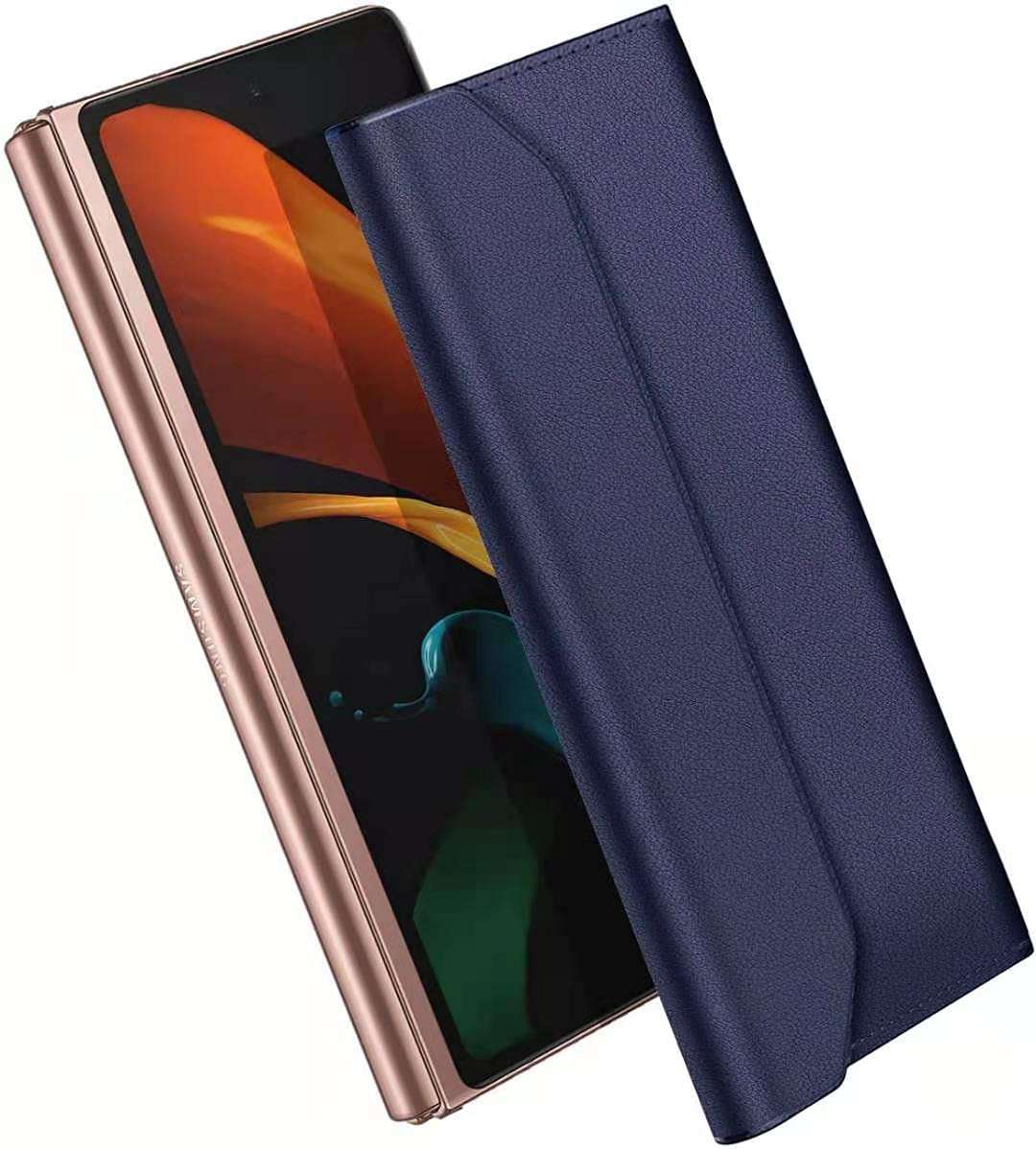 Midkart Leather Holster Compatible with Samsung Galaxy Z Fold 3 (2021) / Samsung Galaxy Z Fold 2 (2020) / Samsung Galaxy Fold (2019) / Xiaomi Mi Mix Fold / Huawei Mate X / XS Lichee Pattern Magnetic Closure Wallet Cover, Navy Blue 1