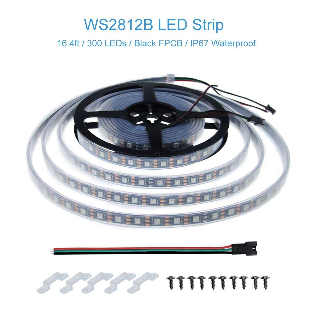 ALITOVE WS2812B Individually Addressable LED Strip Light 5050 RGB 16.4ft 300 LED Pixel Flexible Lamp Tube Waterproof IP67 Black PCB DC 5V 2