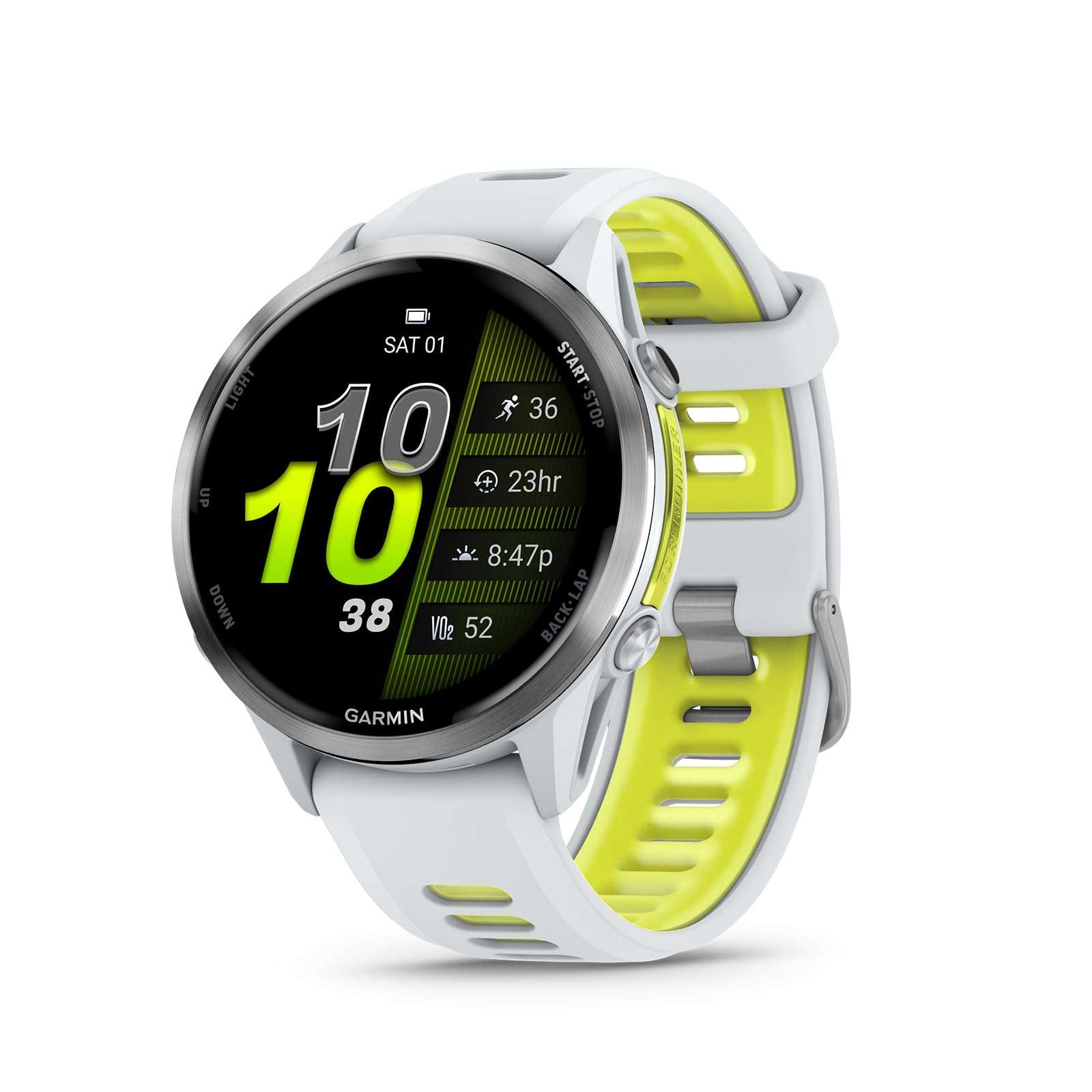 Garmin® Forerunner® 970, Premium GPS Running and Triathlon Smartwatch, AMOLED Display, Built-in LED Flashlight, Titanium with Whitestone Case and Whitestone/Translucent Amp Yellow Band 1