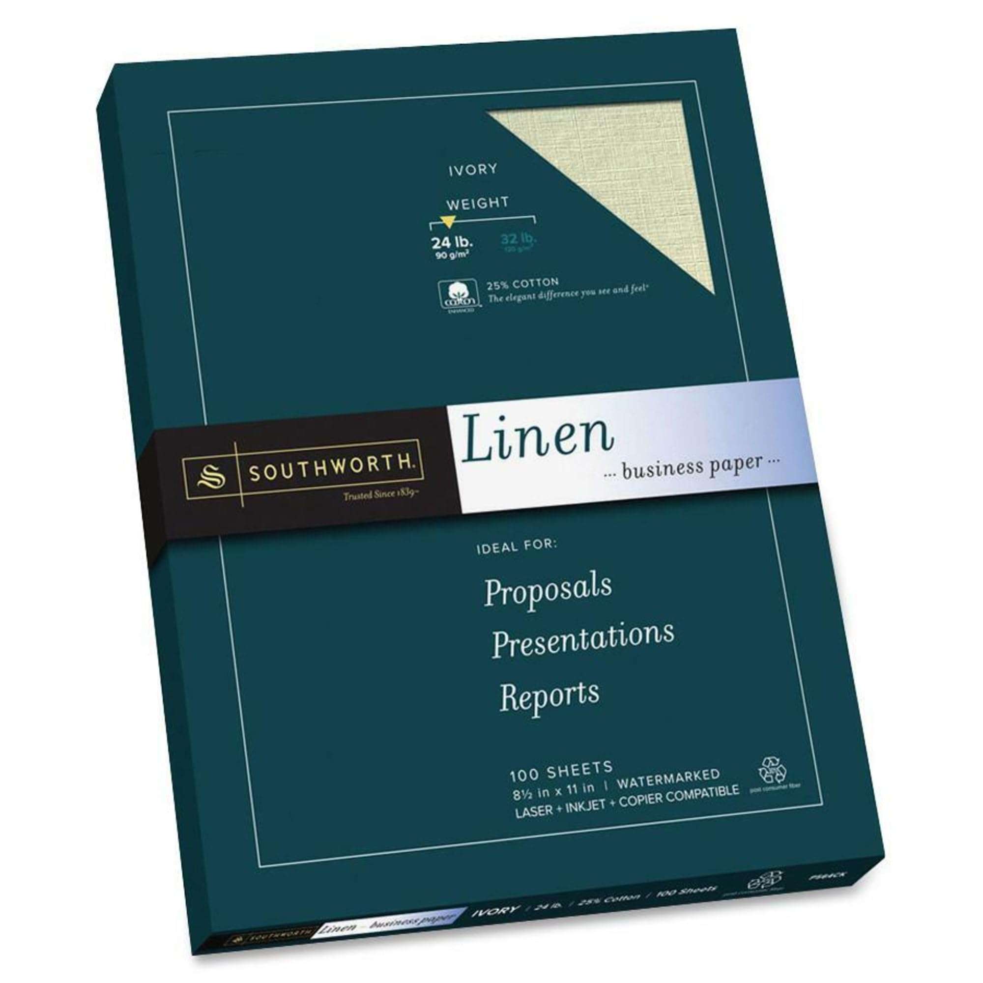 Southworth® 25% Cotton Linen Business Paper, Ivory, Letter (8.5" x 11"), 100 Sheets Per Pack, 24 Lb, 94 Brightness 5