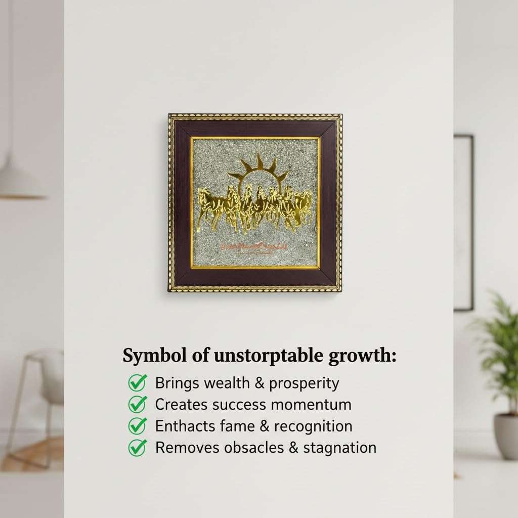 EverMineCrystal Money Attraction Wall Decor 7 Running Horses with Sun Pyrite Frame for Wealth, Success & Protection | Powerful Vastu Item for Home, Office & Business Growth | Lucky Gift 4