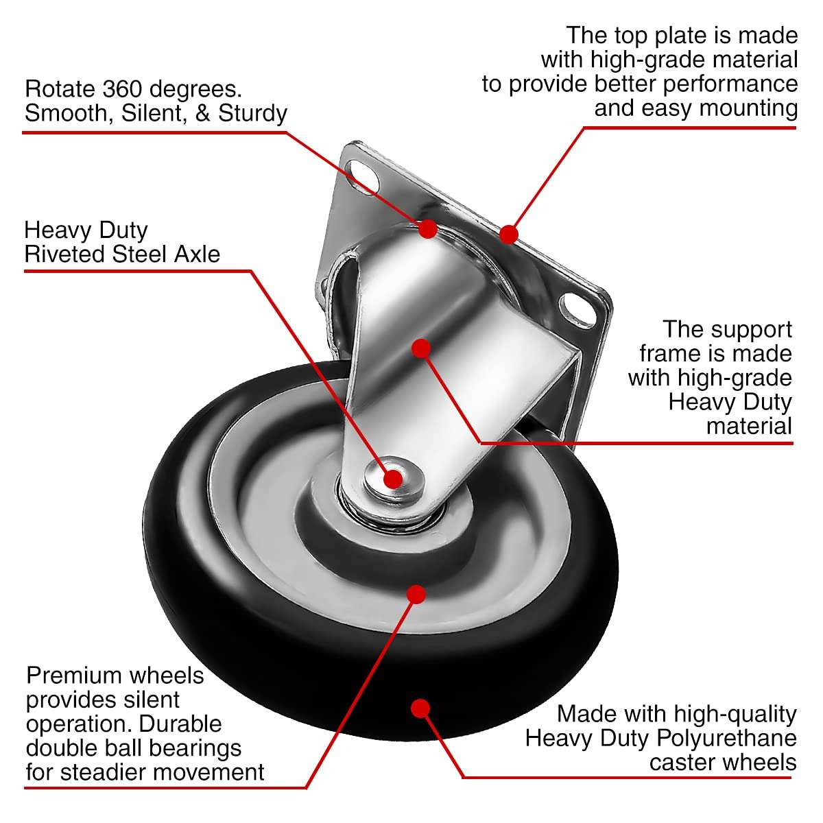 8 Pack 5 Inch Combo Caster Swivel Plate 4 w/Brake & 4 Plate Heavy Duty on Black PU Wheels with Heavy Duty Screws 4