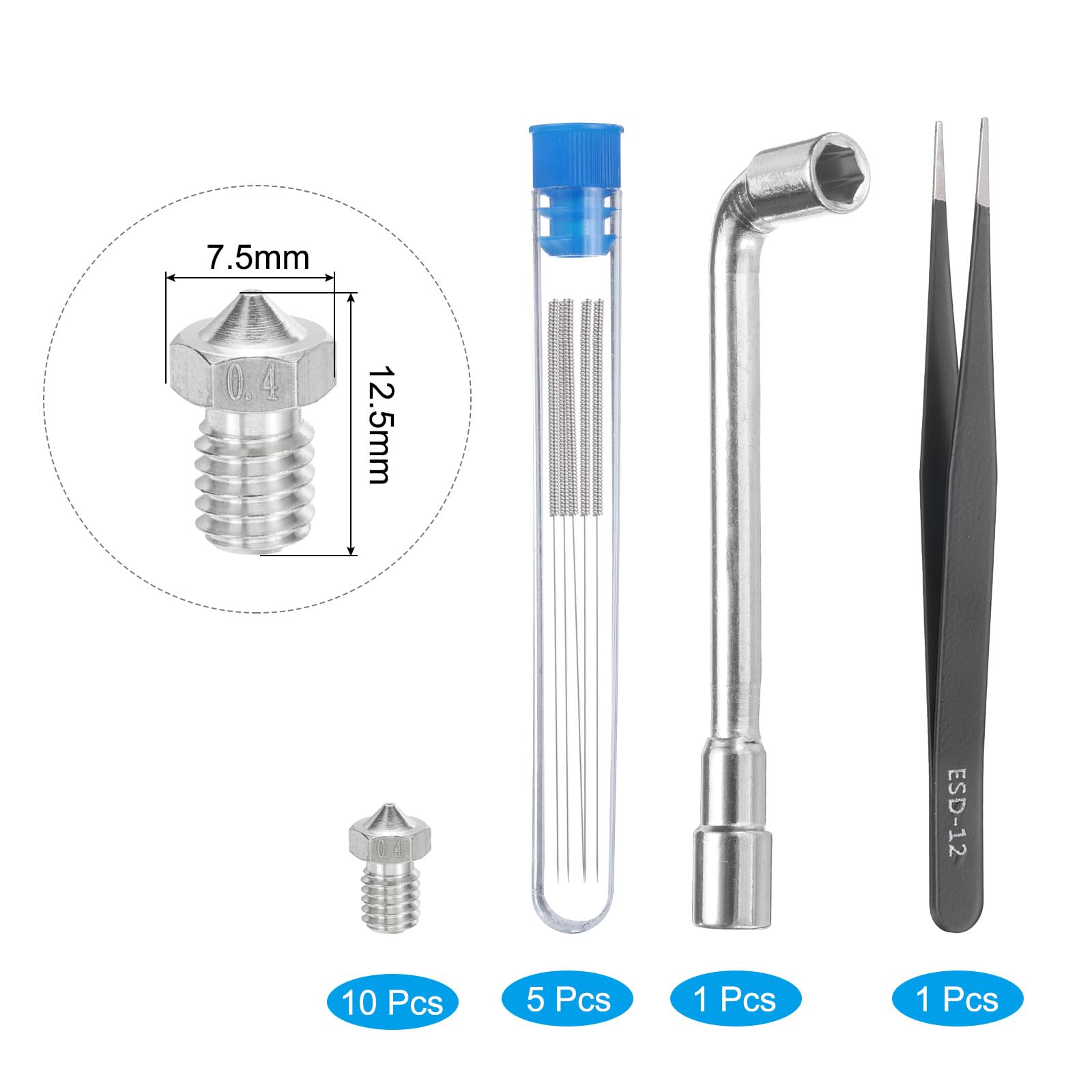 uxcell 3D Nozzles Kit, 10pcs 3D Printer Stainless Steel Nozzles 0.4mm, 5pcs Nozzle Cleaning Needles, with a Socket Wrench and a Tweezer, for 1.75mm Ender3 Series 4