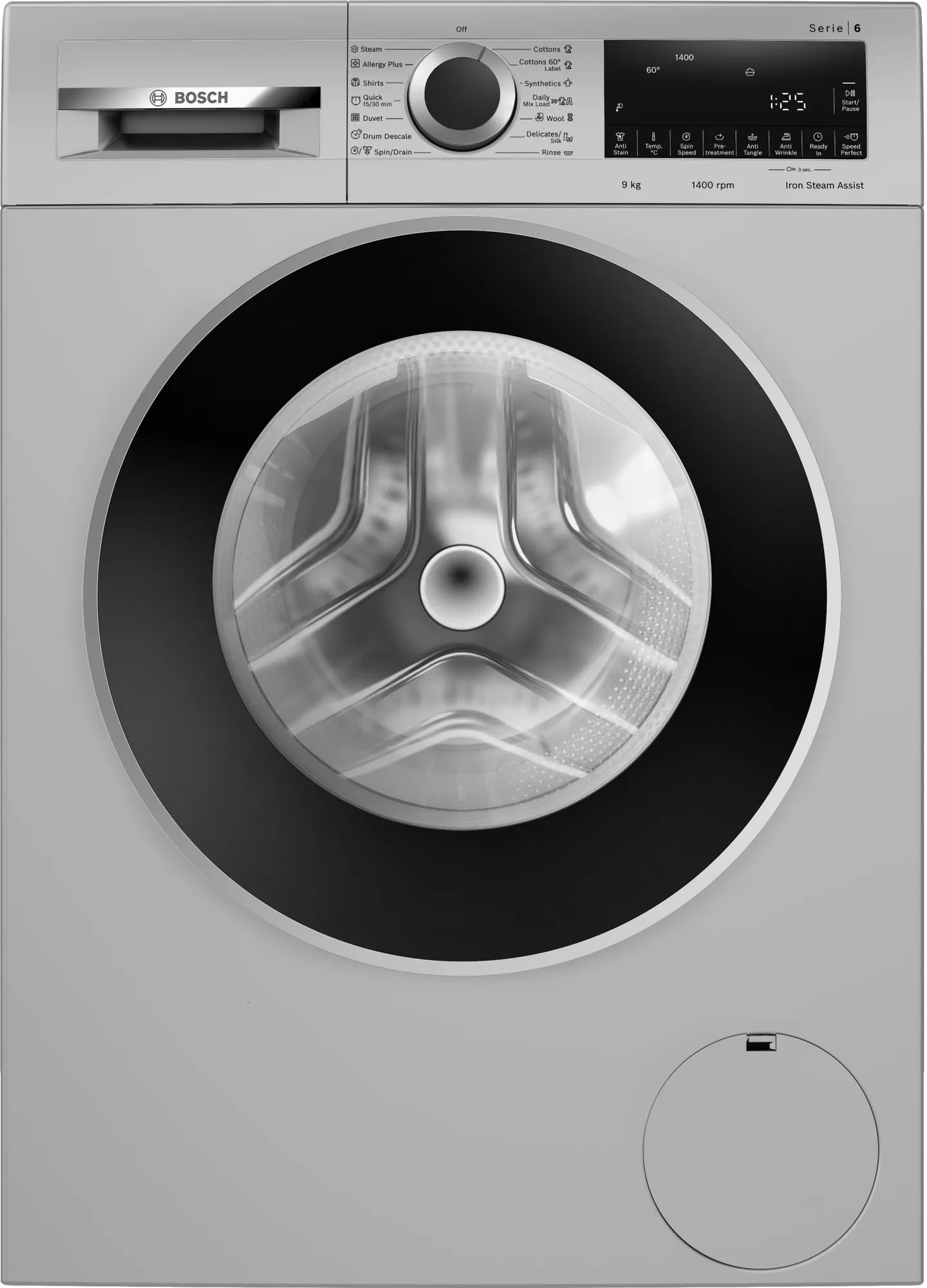 Bosch 9KG 5 Star Series 6 Fully-Automatic Front Loading Washing Machine (WGA244ZSIN Silver, AI active water plus, In-Built Heater)