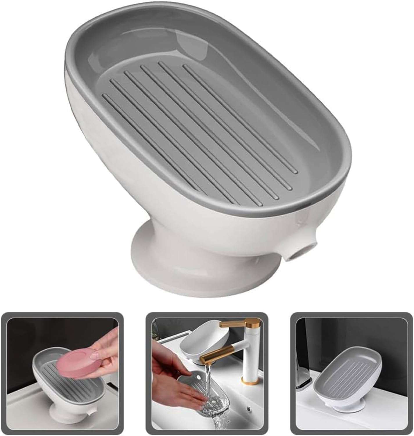 HEXONIQ® Plastic Soap Dish Holder with Suction Cup, Self Draining, for Shower, Bathroom, Tub, Kitchen Sink (1, White) 6