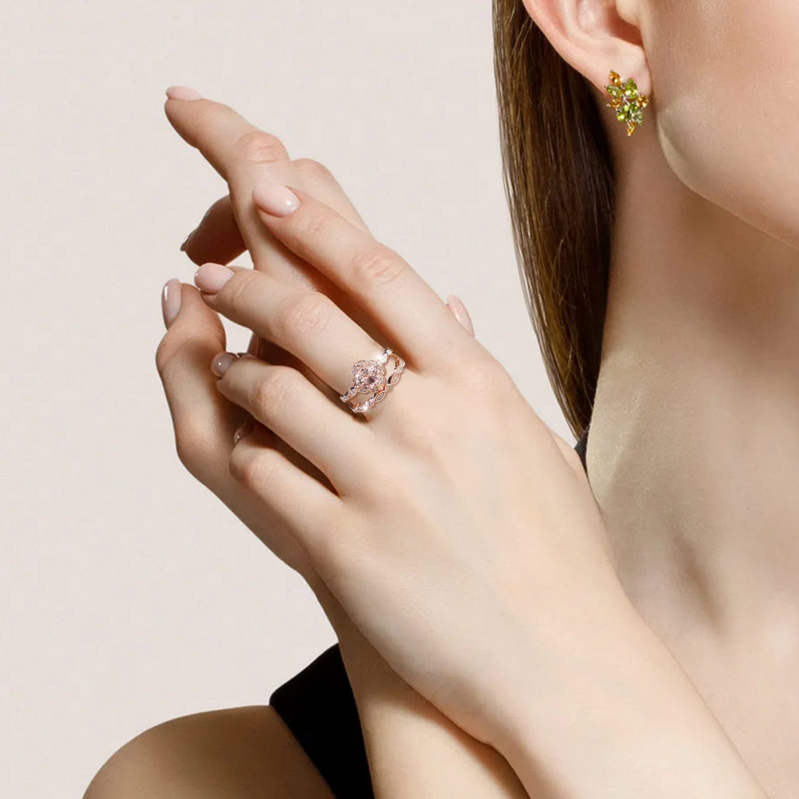 Flower Shape Rose Gold Ring Rhinestone Engagement Ring Wedding Ring Set Flower Rhinestone Ring Set Full Diamond Ring Size 5 10 Cute Small Rings (Rose Gold, 7) 5