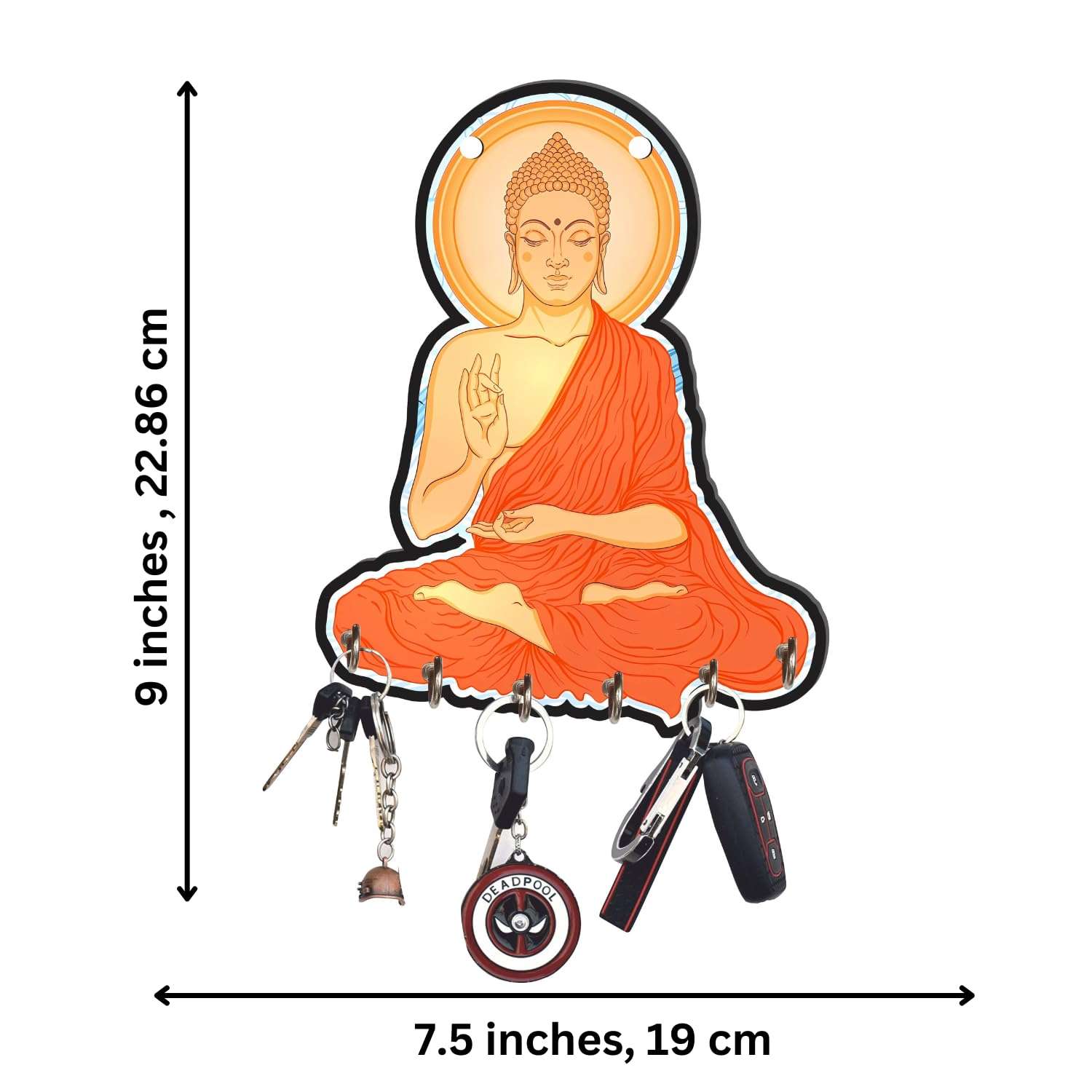 Webelkart Premium Sitting Meditating Gautam Buddha Printed Wooden Key Holder for Home and Office Decor, Keychain Holder for Home- Home Decor Items for Wall (Multi, 9 inches) 4