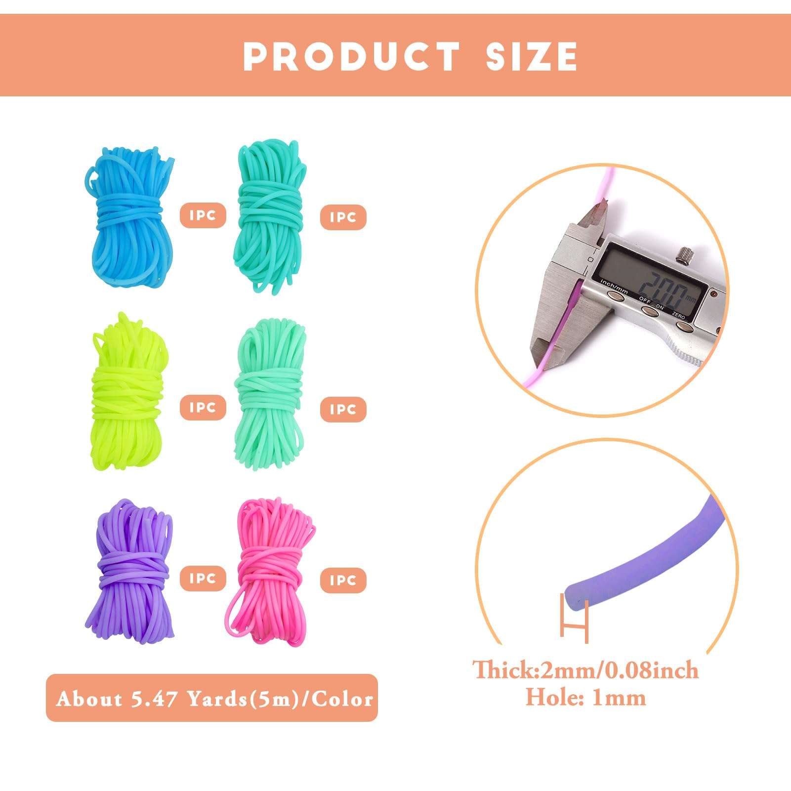 Pandahall 32.8 Yards Hollow Pipe Rubber Cords 2mm Knitting Barber Cords 6 Colors Stitch Savers Knitting Cords Hollow Rubber Tubing Silicone Pipes for Knitting Craft 6