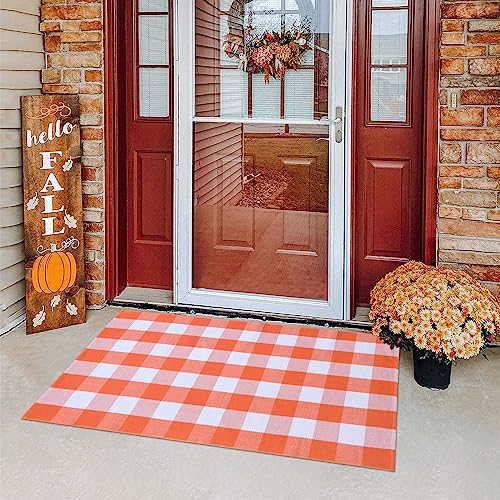 Fall Plaid Area Rug 3x5 Ft, Orange and White Buffalo Check Large Farmhouse Cotton Rug, Hand-Woven Washable Indoor Outdoor Carpet for Halloween Thanksgiving Autumn Porch Patio Decor 2
