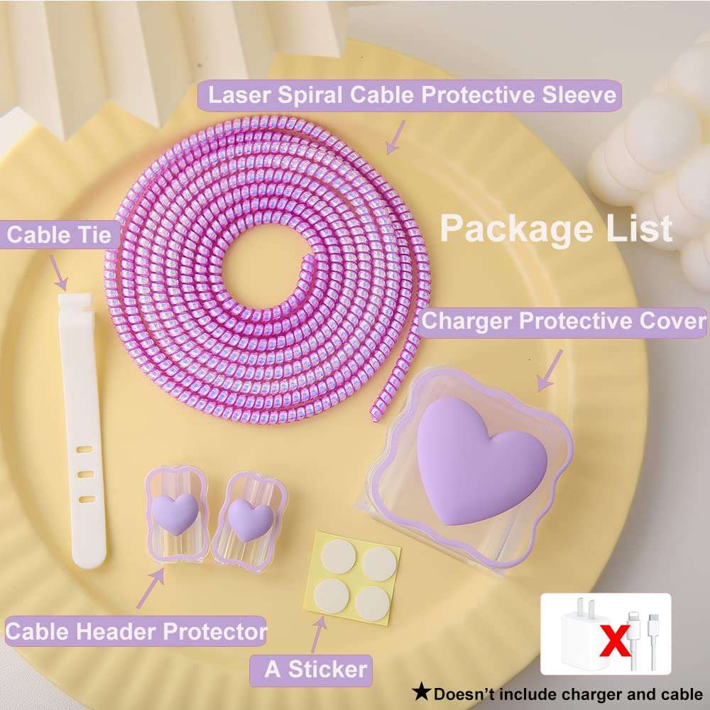 QLD COVER Compatible with iPhone 18W/20W USB-C Charger Cover Lovely 3D Love Heart Waves Clear Soft Charger Protector Cute Cable Saver for iPhone 11 12 13 14 Pro Max Fast Power Adapter, Purple 1 (5in1) 3