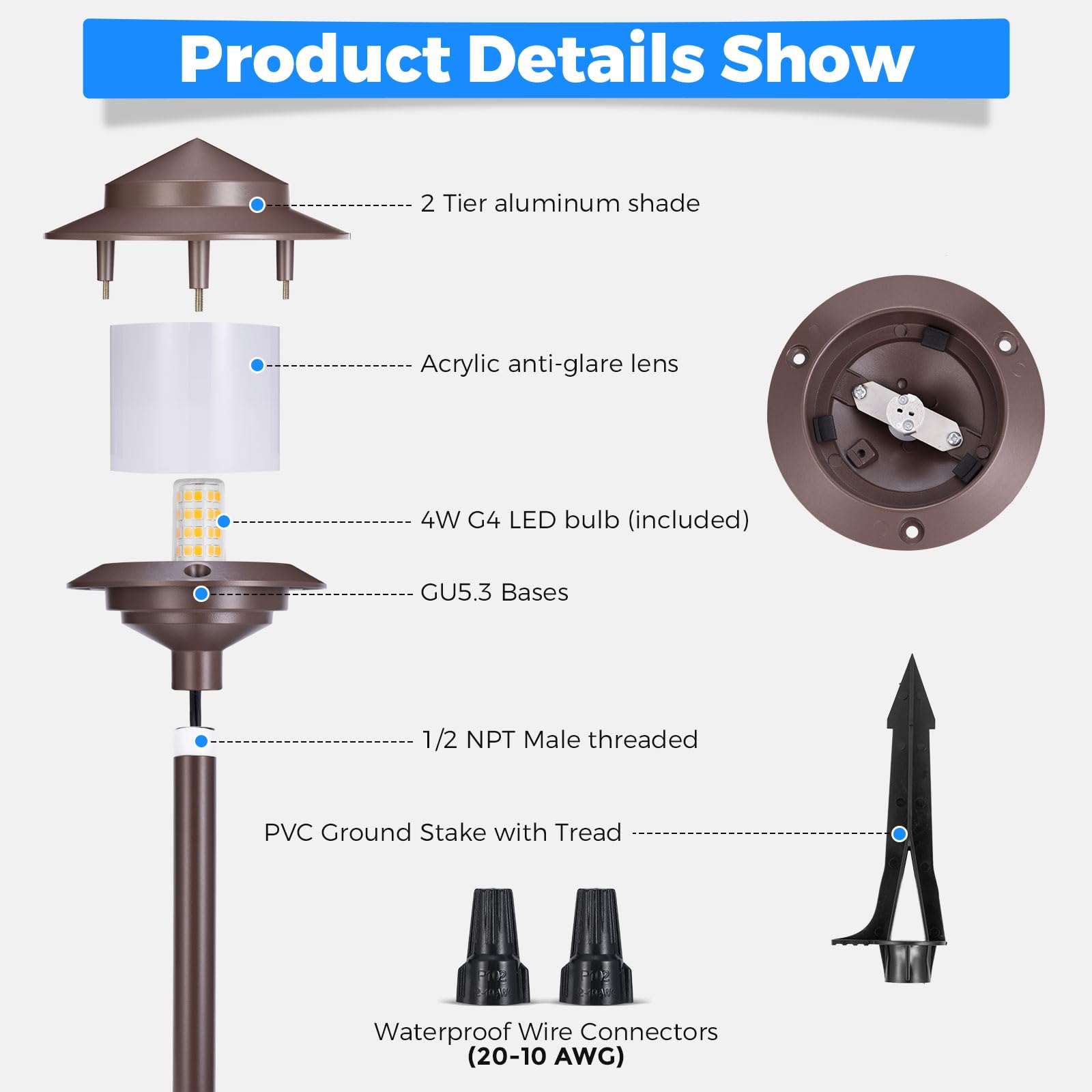 Gardencoin Pagoda Low Voltage Pathway Lights, 12V Outdoor LED Landscape Path Lights Wired, Cast Aluminum Walkway Lighting with 4W 2700K Replaceable G4 Bulb, Bronze Classic Shade, 480LM, 2-Tier 6 Pack 4