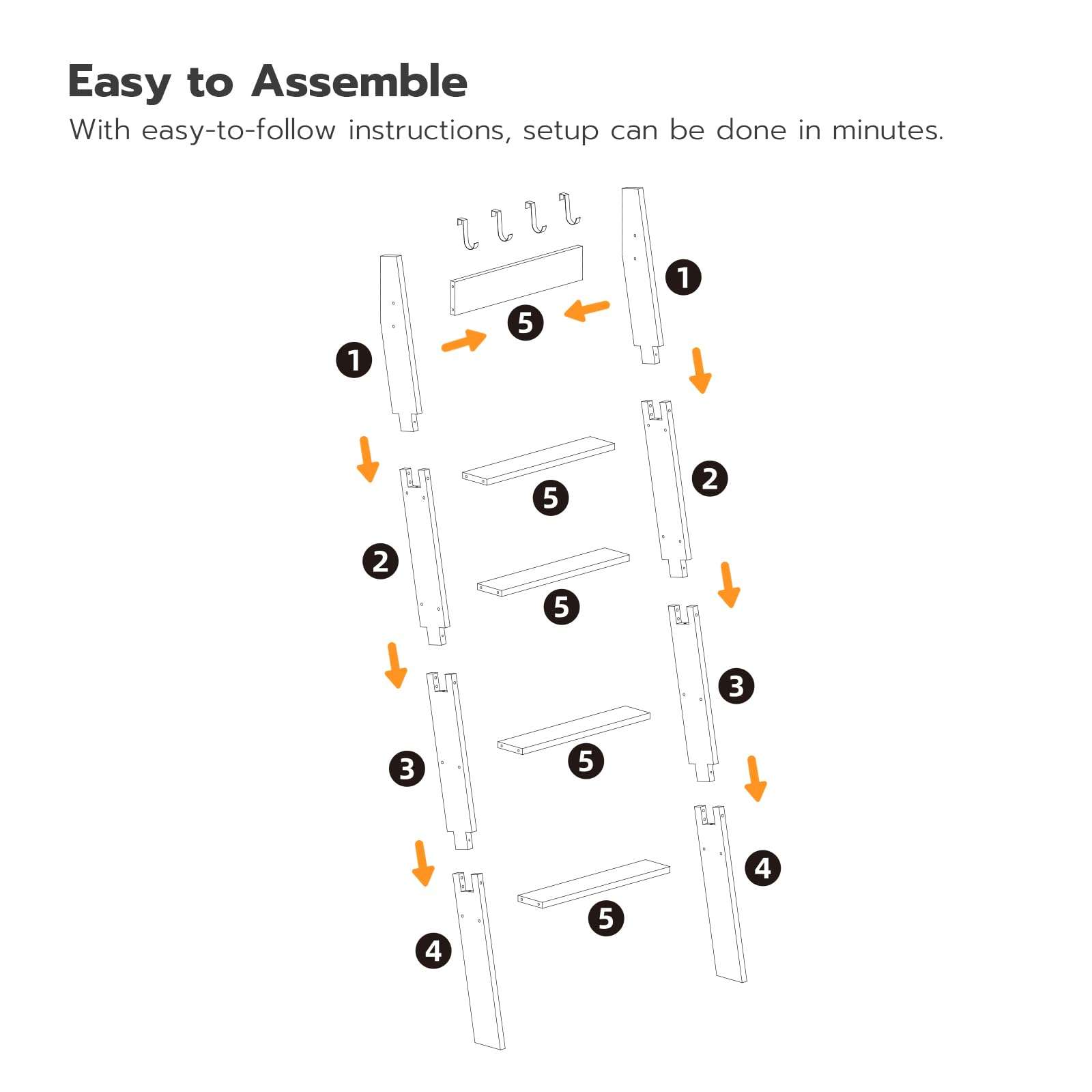 HOOBRO Blanket Ladder for Living Room and Bedroom, 5-Tier Wall Leaning Towel Rack for Bathroom, Decorative Ladder Shelf with 4 Removable Hooks, Farmhouse Blanket Storage, Black BB51CJ01G1 5