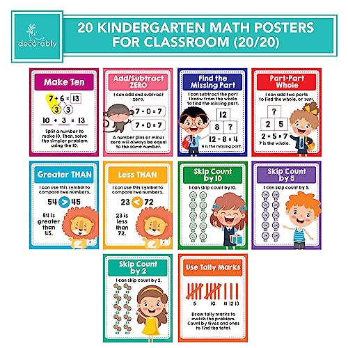 Decorably 20 Vibrant Math Posters for Elementary School, 11x14in Matte-Laminated Educational 1st Grade Math Posters 1st Grade, Kindergarten - Classrooms, Homeschool, Bulletin Boards 4