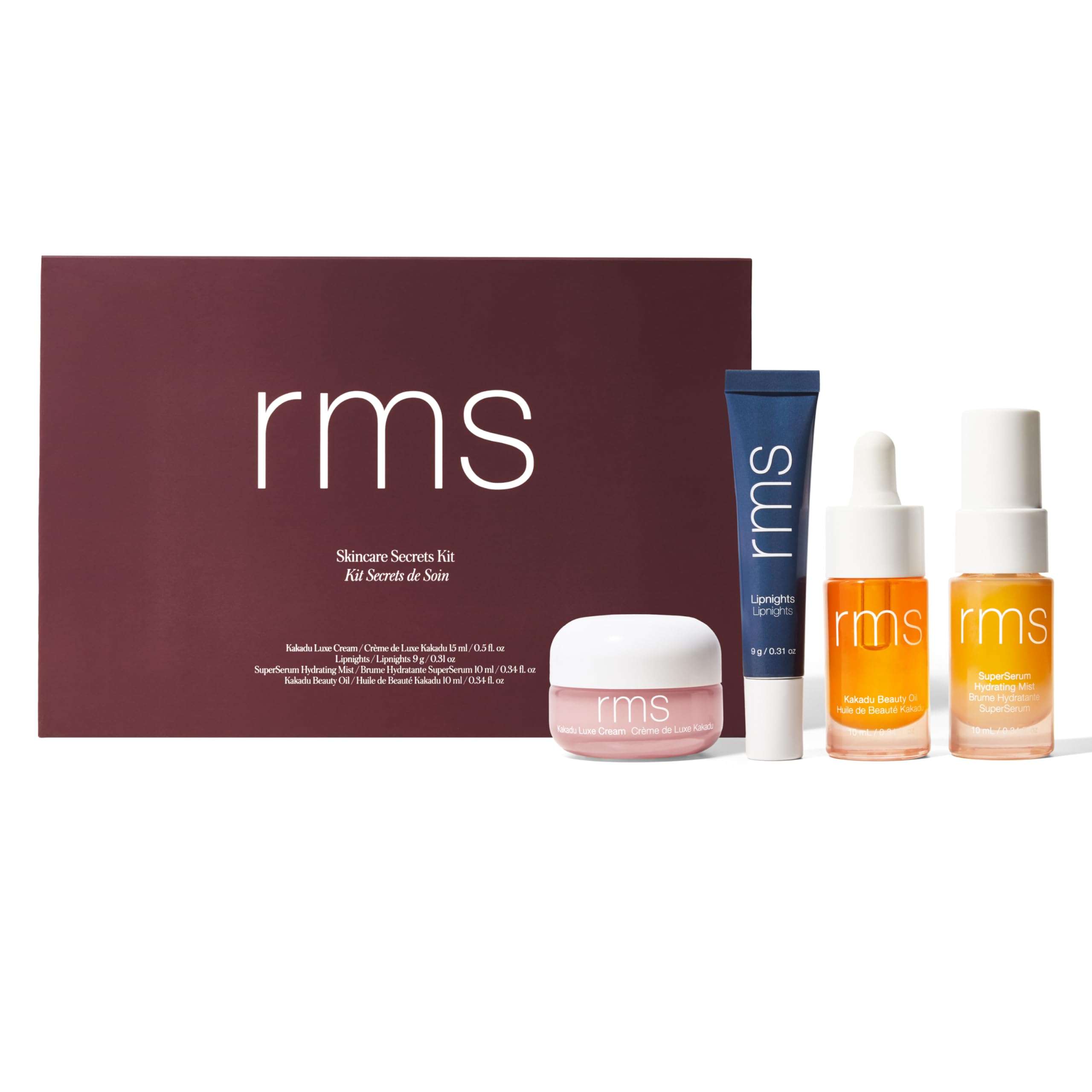 RMS Beauty Skincare Secrets Kit - Skin Care Set Kakadu Beauty Oil, Kakadu Luxe Cream, SuperSerum Hydrating Mist & Lipnights Lip Mask, Beauty Present Sets 1