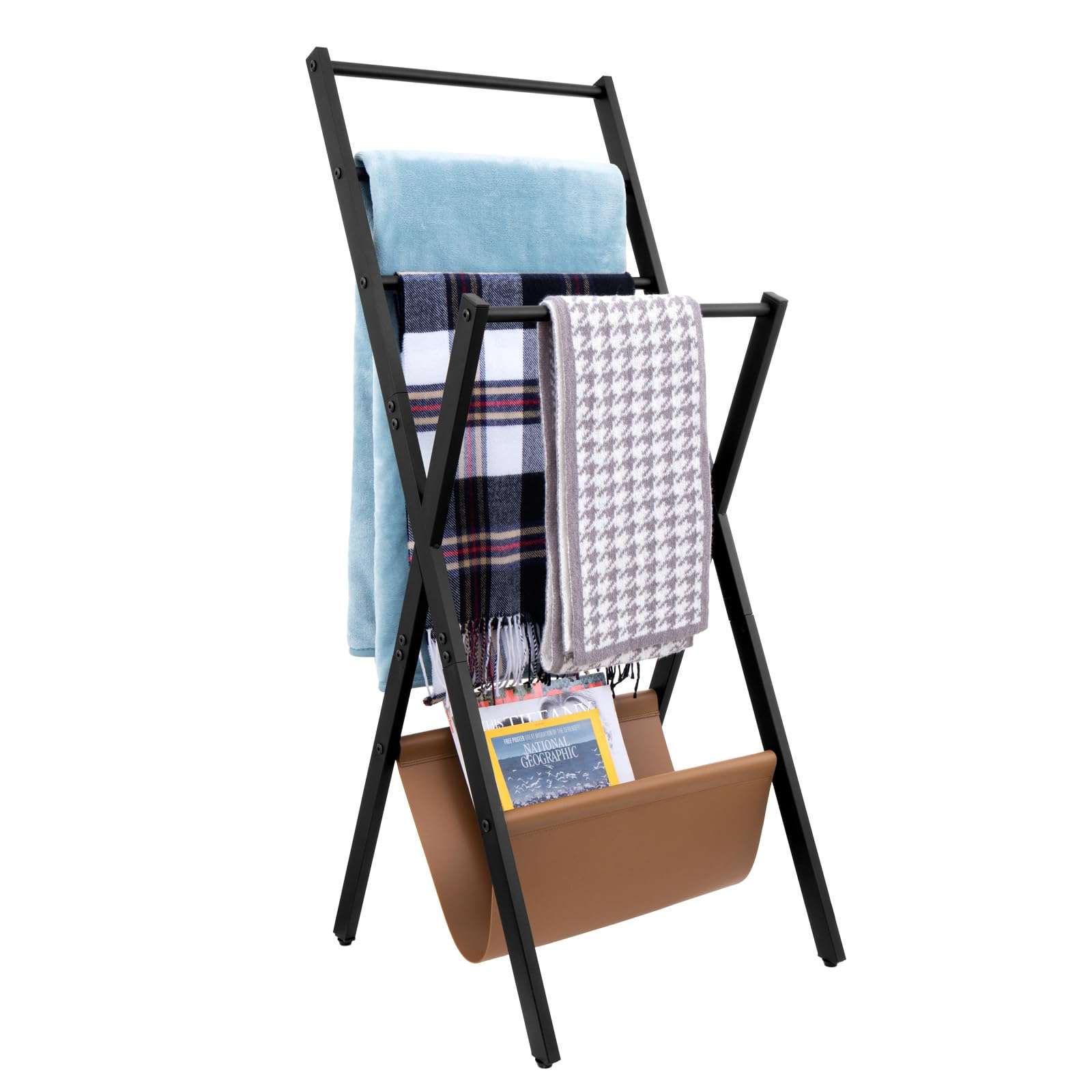 MyGift Blanket Ladder, Freestanding Blanket and Towel Rack with 4 Crossbars and Tan Leatherette Magazine Storage Holder – Modern Metal Floor Living Room or Bathroom Organizer Stand 1