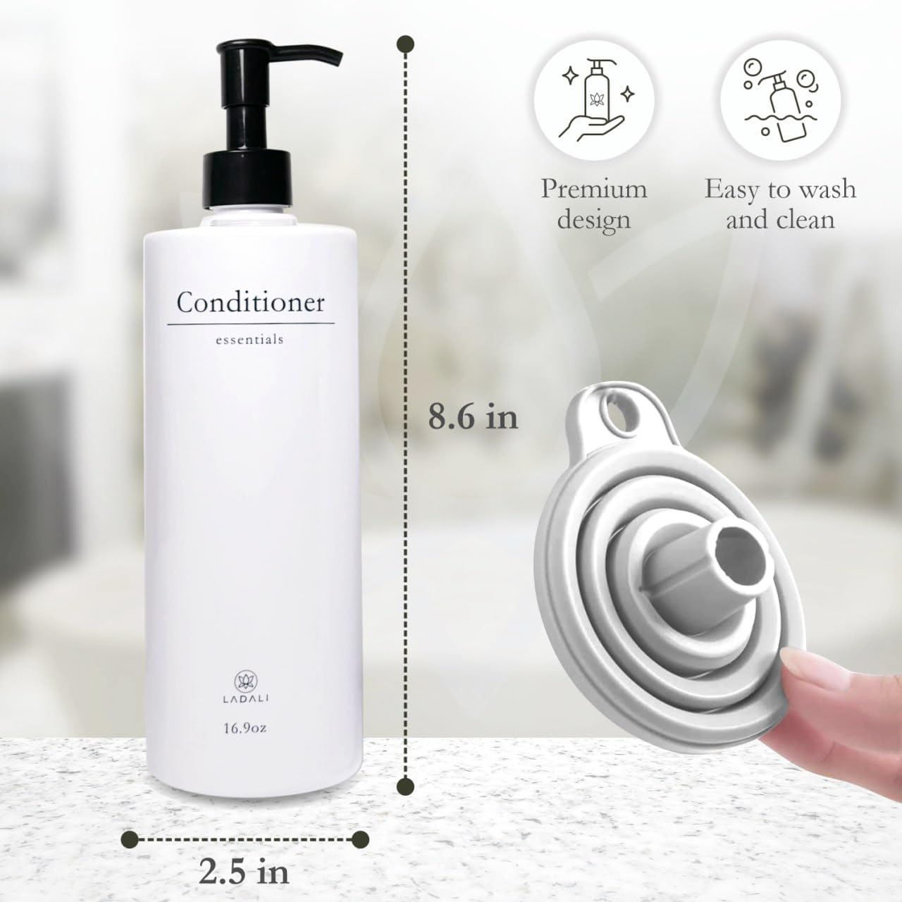 Ladali Shampoo and Conditioner Dispenser,16.9oz, Set of 3 Luxury Refillable Bottles with Permanent Stylish Label and Silver Pump, Aesthetic Home Bathroom Essentials (WhiteBlack Pump) 4