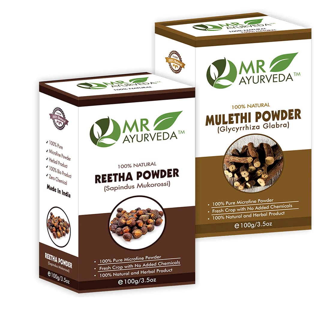 MR Ayurveda 100% Herbal Mulethi Powder & Reetha Powder - Combo Pack (100 Grams Each)