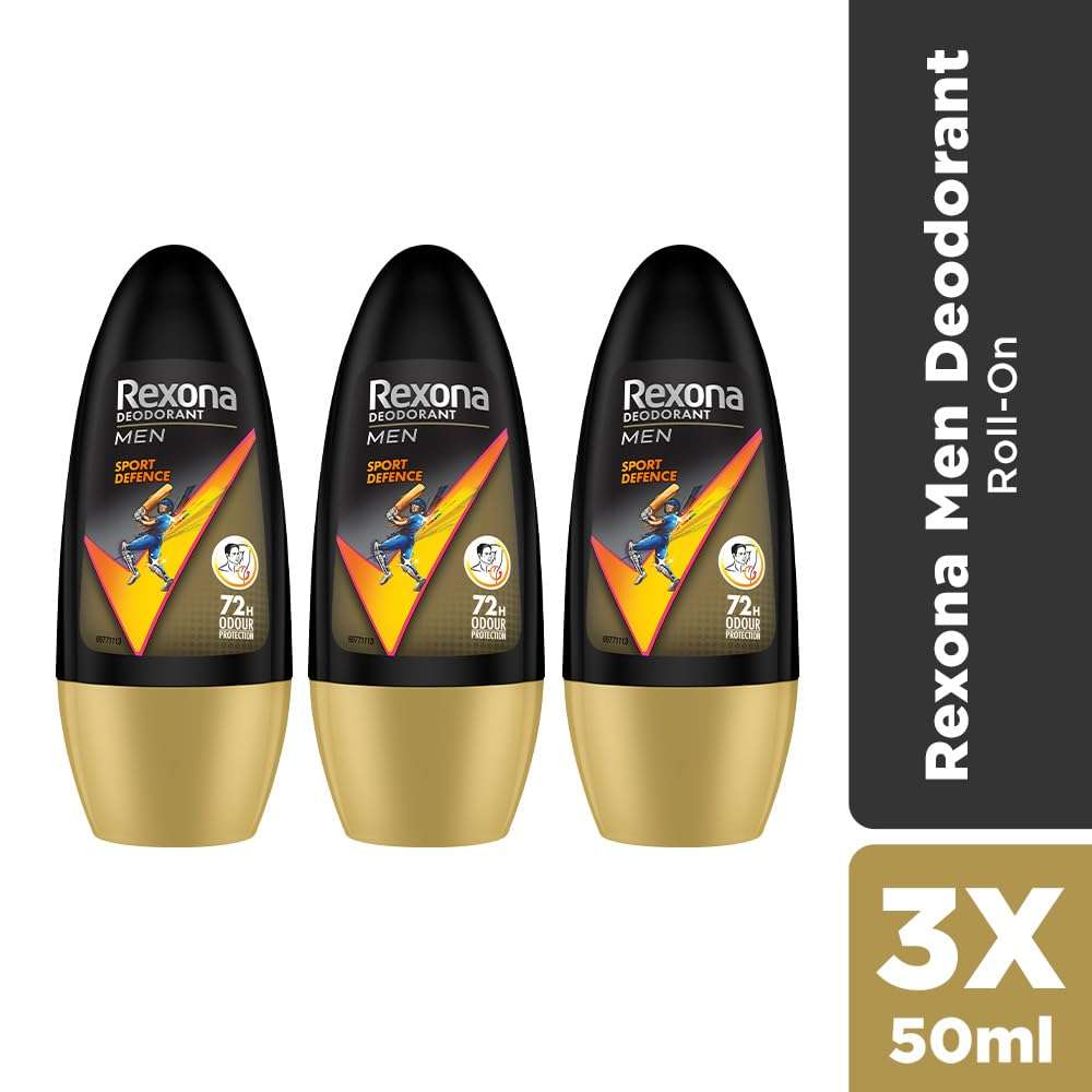 Rexona Men Sport Defence Underarm Roll-On Deodorant | 72 Hours Odour Protection with Fresh Masculine Scent | 0% Alcohol, Safe on Skin | 50 ML (Pack of 3) 3