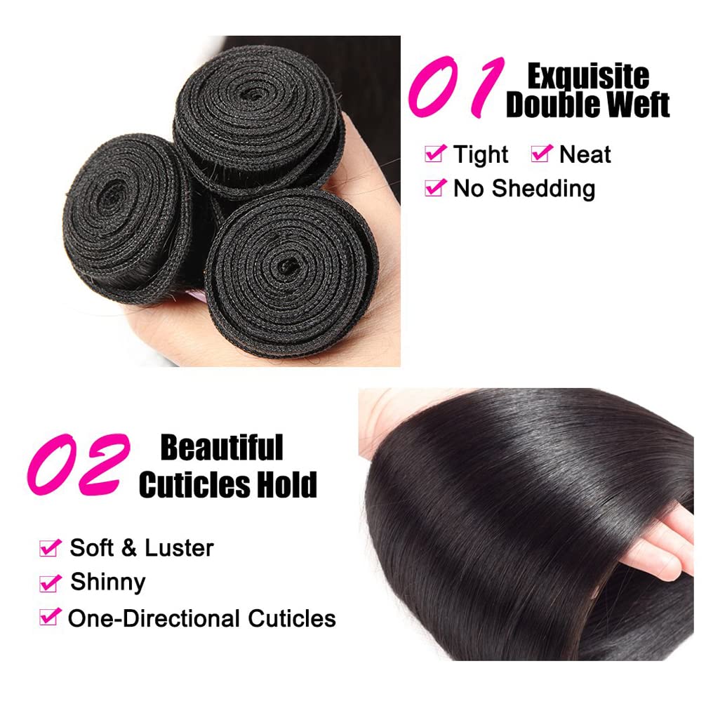 Straight Human Hair Bundles Brazilian Virgin Hair 100% Human Hair 3 Bundles (16''18''18'')10A Remy Hair Bundles Natural Colour Unprocessed Weave Bundles Human Hair Straight Hair Extensions 4