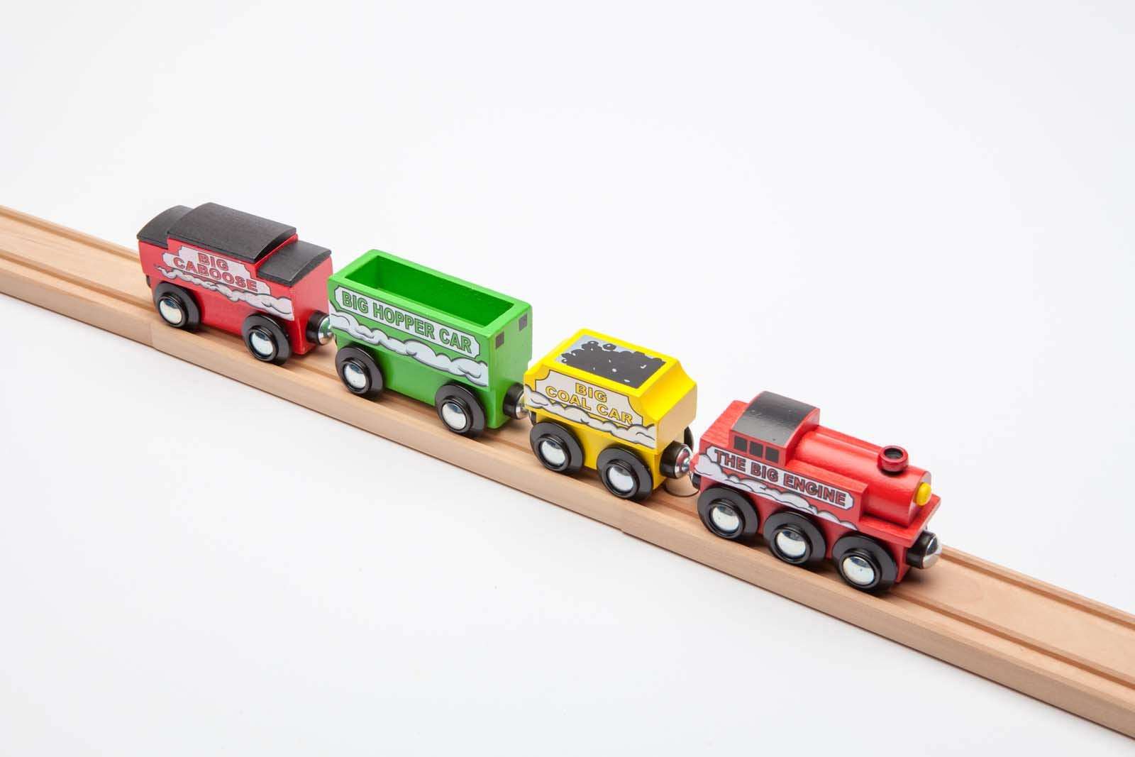 Maxim Enterprise, inc. Wooden Train Engine Set with Coal Car, Hopper Car and Caboose, Big Size Steam Engine Locomotive and Cars with Magnetic Connectors, Compatible with Major Brand Wooden Railways 4