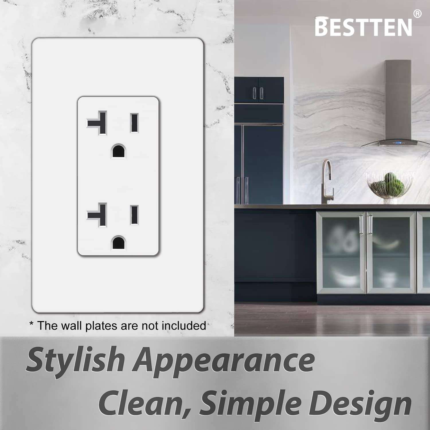 [10 Pack] BESTTEN 20 Amp Decorator Wall Receptacle Outlet with Mid Size Decorator Wall Plate, Non-Tamper-Resistant, 20A/125V/2500W, Residential and Commercial Use, UL Listed, White 5