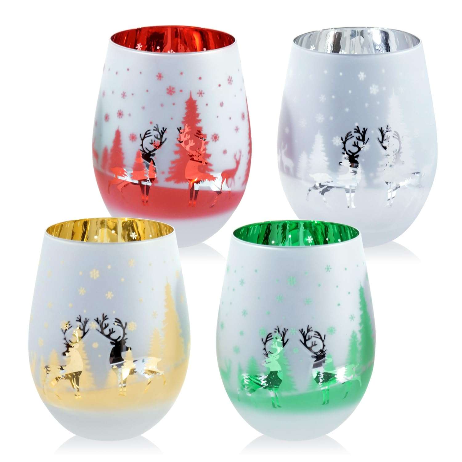 MyGift 14 oz Christmas Stemless Holiday Wine Glasses with Frosted Winter Scene, Festive Glass Drinkware Cups for Xmas Party, Red Green Gold Silver, Set of 4 1