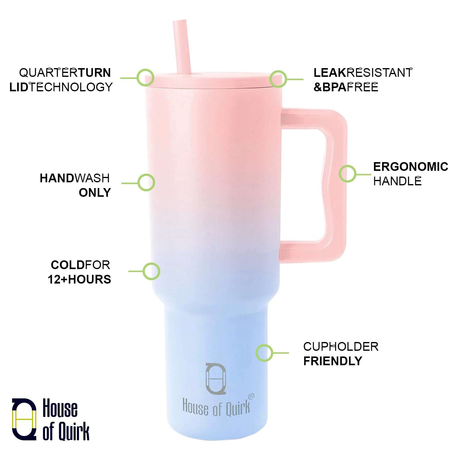 House of Quirk 1200ML Stainless Steel Tumbler Hot and Cold with Handle and Lid 2 Straw, Double Insulated Cup Leak Proof Mug Cupholder for Gym, Travelling (Cotton Candy Haze) 3