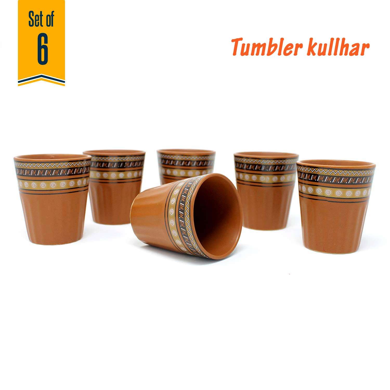 THE INDIA STYLE Ceramic Tumbler kulhar Set Cups Handmade kullad Tea Set | kulhad chai Cups | Hand Painted Cutting Chai Glass (Assorted Print Tumbler kulhar, Pack of 6) 4