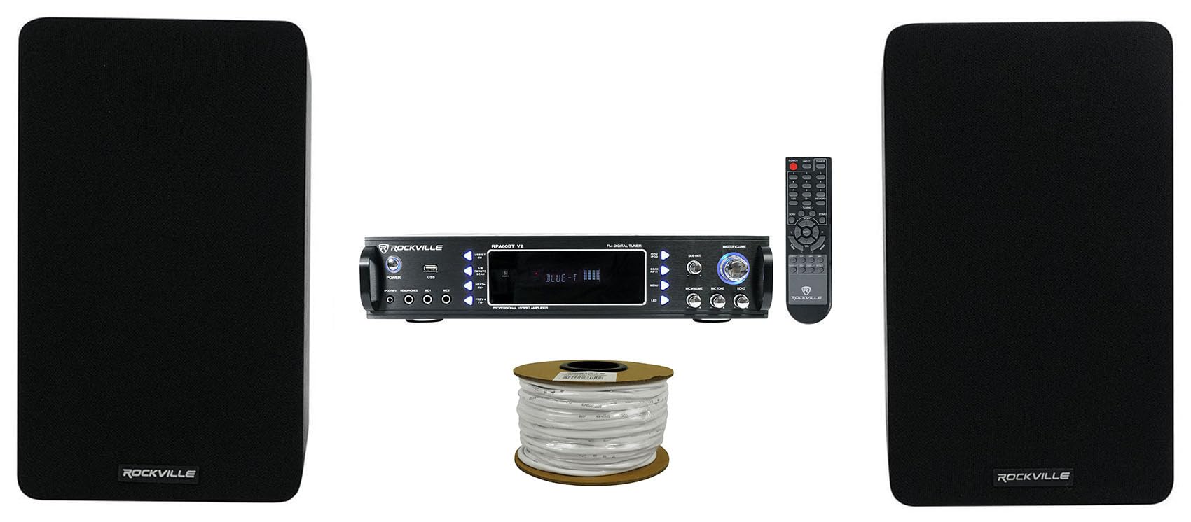 Rockville Bundle: Rockville RPA60BT V2 1000 Watt 2-Ch USB Amplifier Bundle with Pair RockShelf 58B 360w Black 5.25" Home Theater Bookshelf Speakers, RCC14-100-2 CCA Speaker Wire (3 Items) 1