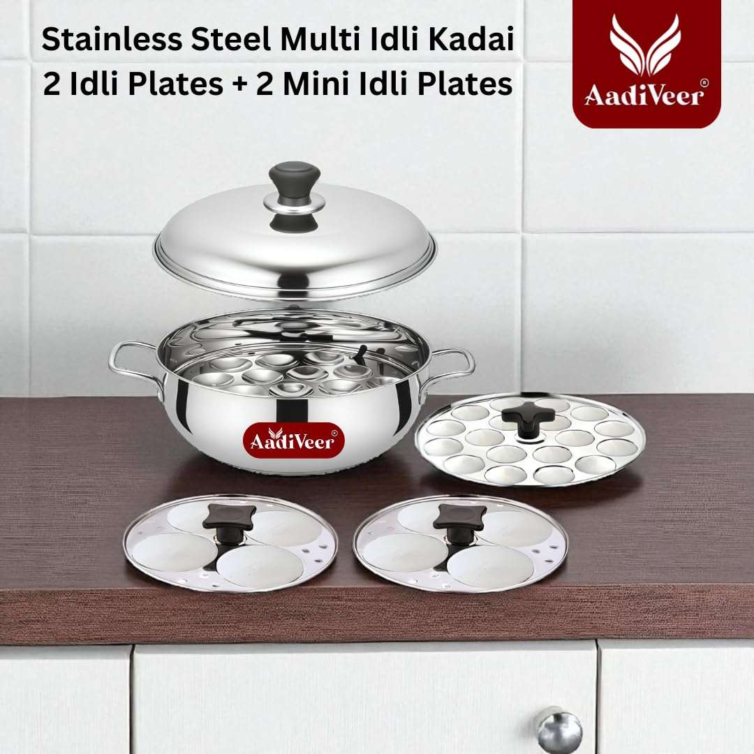AadIveer Pewmium Stainless Steel Idli Maker | Idli Pot | Small Idli Cooker with 2 Idli Plates (8 Idlis) & 2 Mini Idli Plate (36 Idlis) | Hybrid Idli Kadai With Sturdy Handles 3