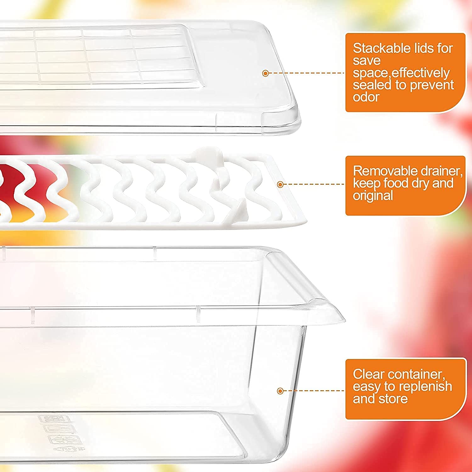 Anadimall Food Storage Container, Fridge Organizer Case With Removable Drain Plate Stackable Freezer Storage Containers Keep Fresh For Storing Fish, Meat, Vegetables (1500)(Pack of 3) 6