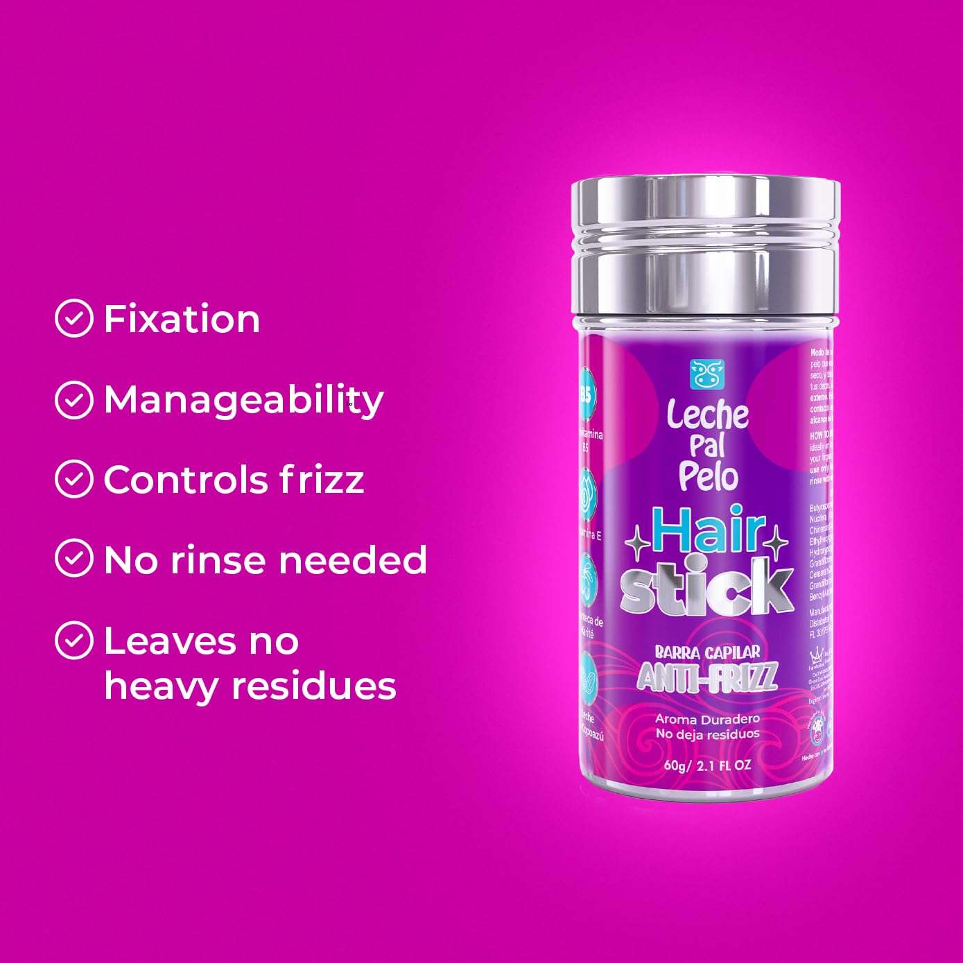 Leche Pal Pelo Hair Stick - Frizz-Free Control with Vitamin C, Shea Butter, Provitamin B5, and Copazu Milk for Sleek Styles, 2.1 oz. 4