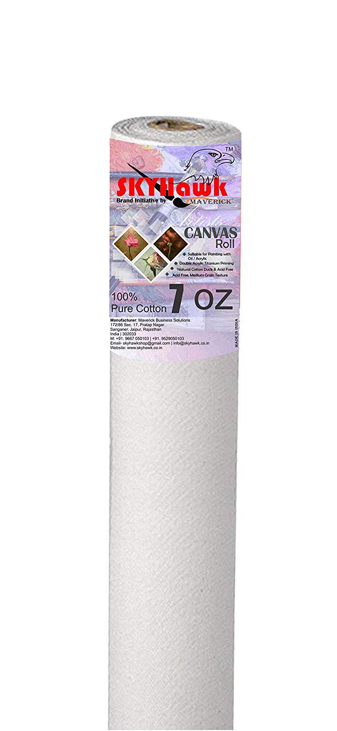 SKYHawk Artist Canvas Roll 38 Inch x 5 MTR | Medium Grain Primed Cotton Canvas Roll for Oil, Acrylic & Alkyd Colors | Double-Primed Artist Canwas for Painting | Professional Art Supplies (7 Oz, White)