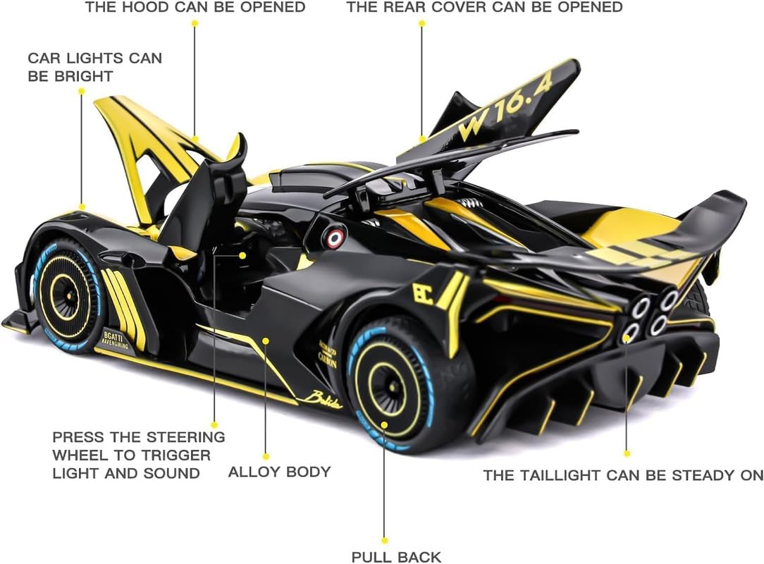 RJKD New 1:24 Bugatti Bolide Alloy Die-Cast Metal Car Pull-Back Action with Openable Doors Realistic Sound and Light Effects Car for Kids - Yellow 4