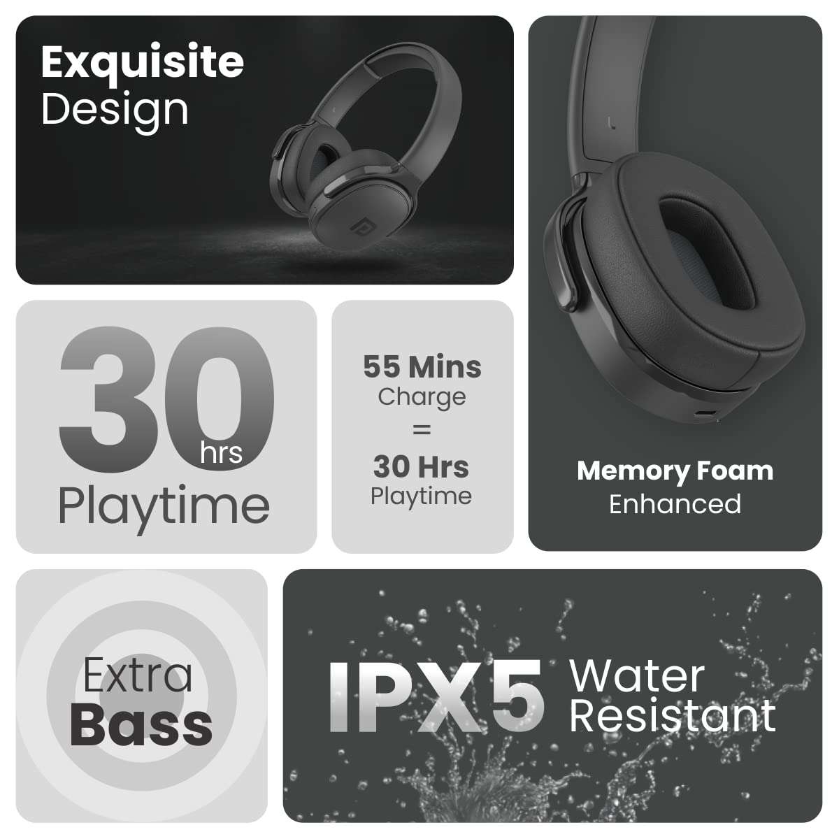 Portronics Muffs A Bluetooth 5.0 Wireless Headphone Over The Ear Headset with Handsfree Calling, Comfortable Design, 3.5mm Aux-in, Long Playtime, Powerful Bass(Black) 5