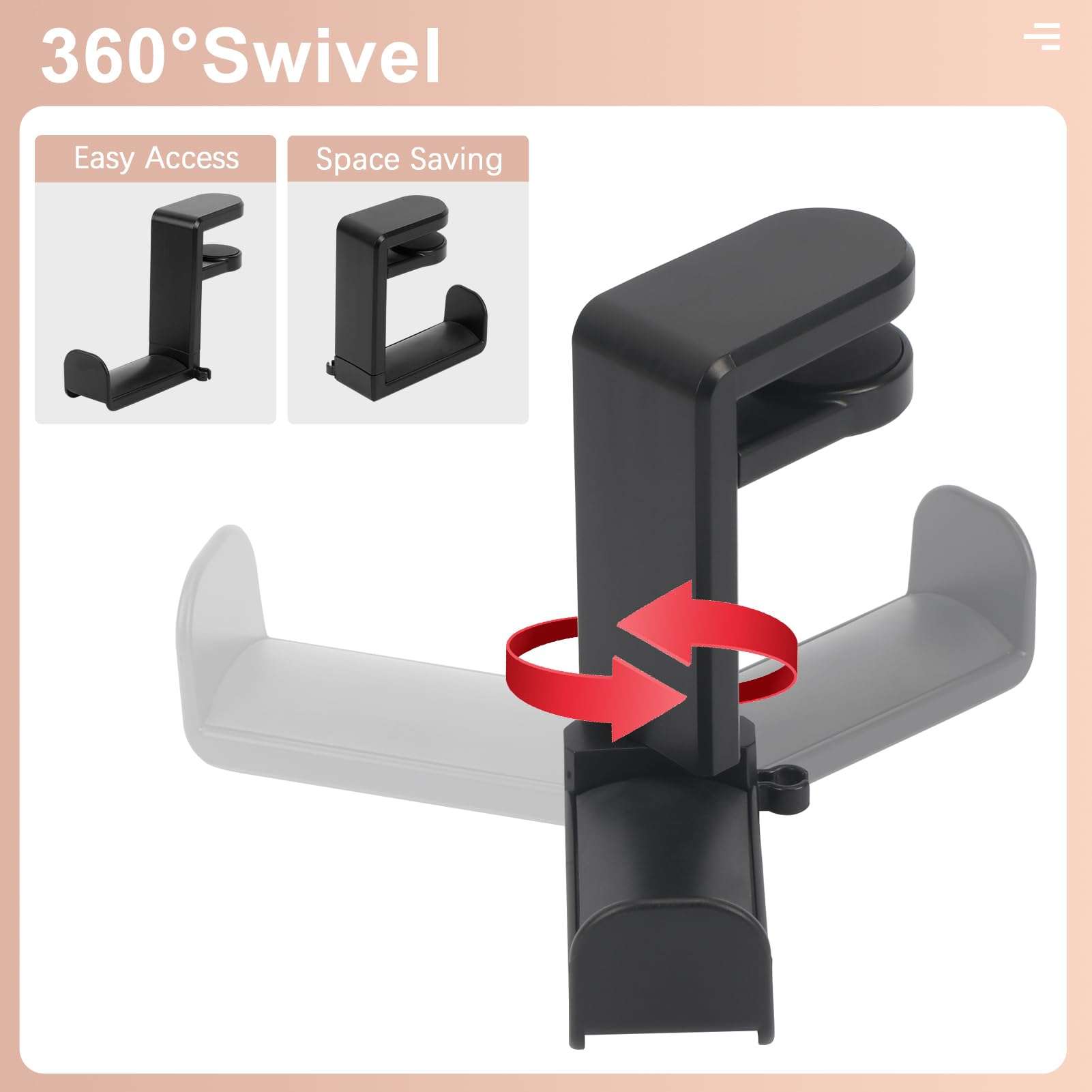 Songaa Headphone Stand - 360 Degree Rotation Headset Hanger Holder with Cable Organizer Clip Black, Black Adjustable Gaming Headphone Hook Under Desk Mount Headset Clamp 4