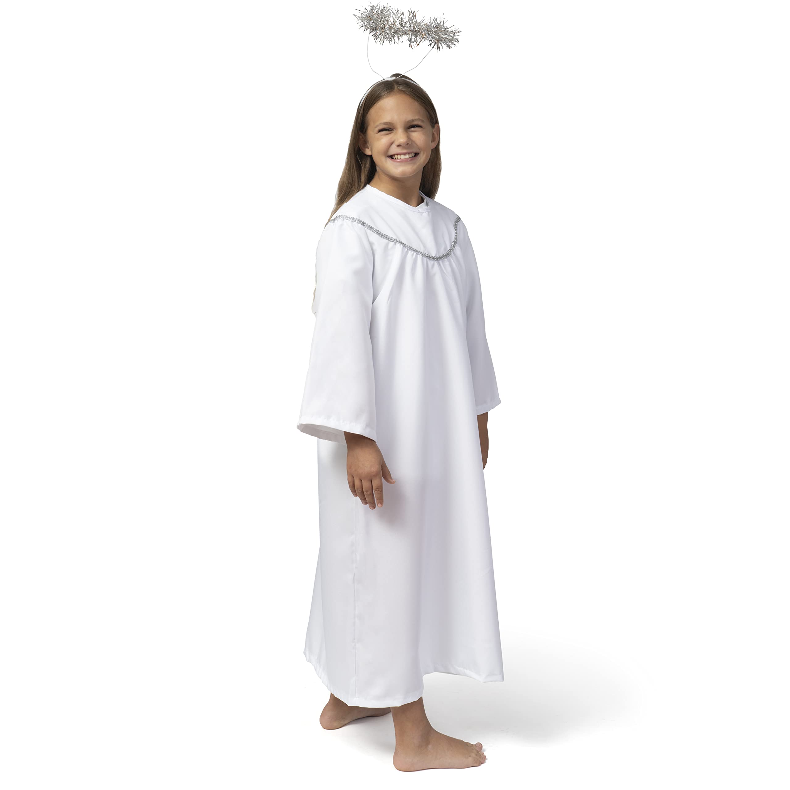 Skeleteen Angel Costume with Halo - Long White Angelic Gown with Silver Heavenly Halo Headband for Children's Costumes - Child Size (Small) 6